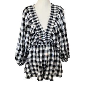 Mable‎ Bae Picnic Batwing Puff Sleeve Black and White Deep V-Neck Plaid Romper S